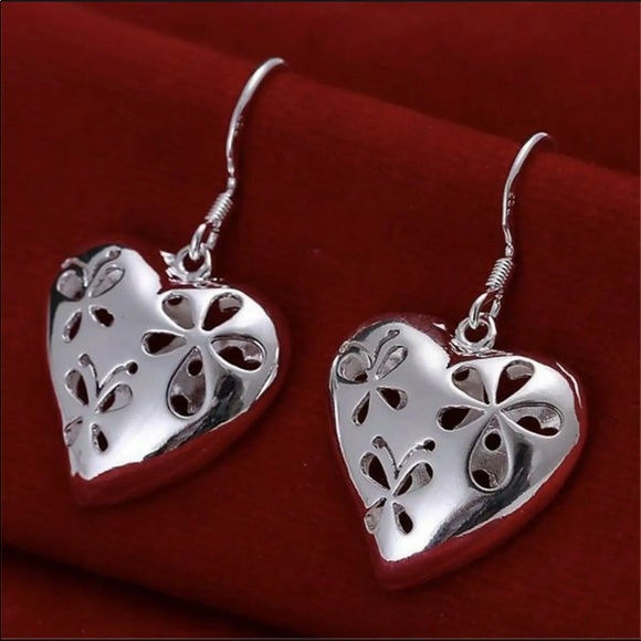 Sterling Silver Filgree Heart Dangle Earrings - Picture 3 of 4